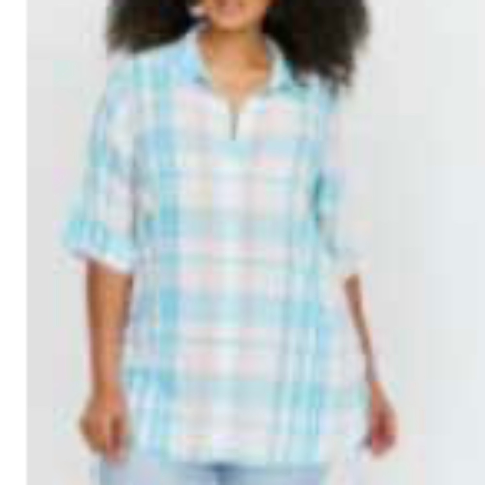 TUNIC, AQUA PLAID, SIZE 24, ¾ SLEEVES WITH CUFFS, ACCENT LACES IN SLITS ON SIDE